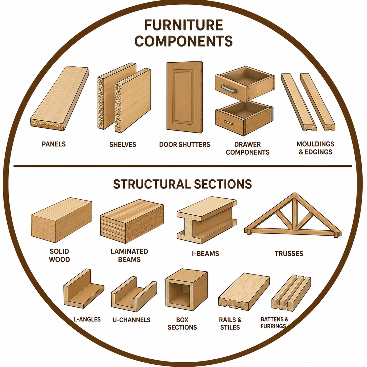 Furniture components and structural sections