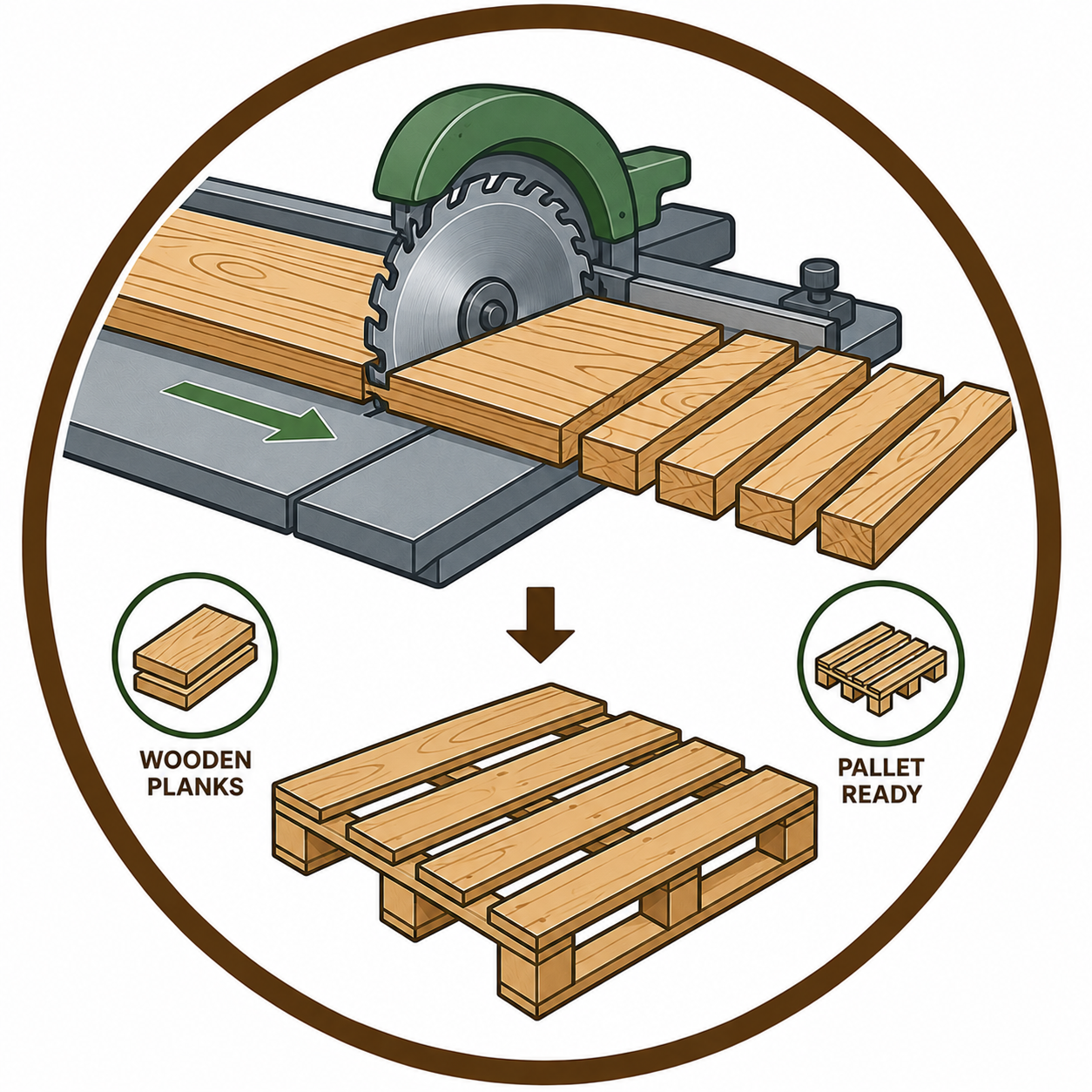 Cutting wooden planks for pallets